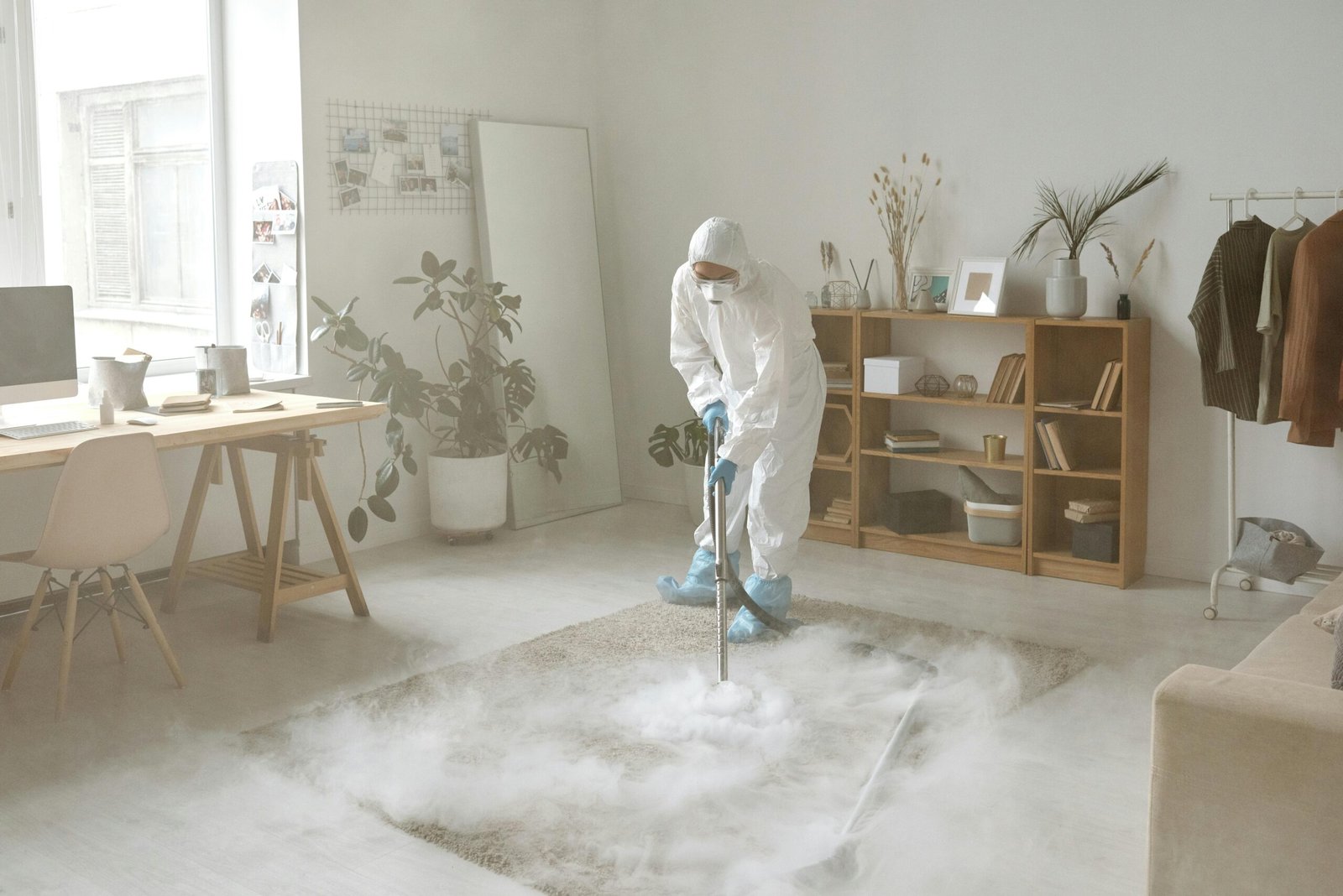 A person in protective gear disinfects a room with smoke, ensuring safety against germs.